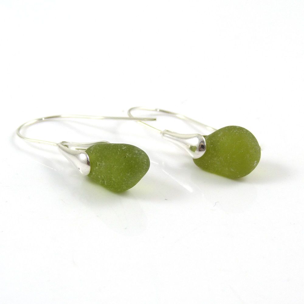 Olive Green Sea Glass and Sterling Silver Earrings e139