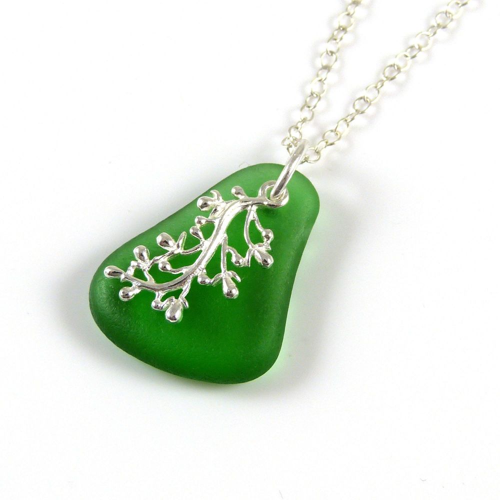 Emerald Green Sea Glass and Silver Coral Charm Necklace JESSICA