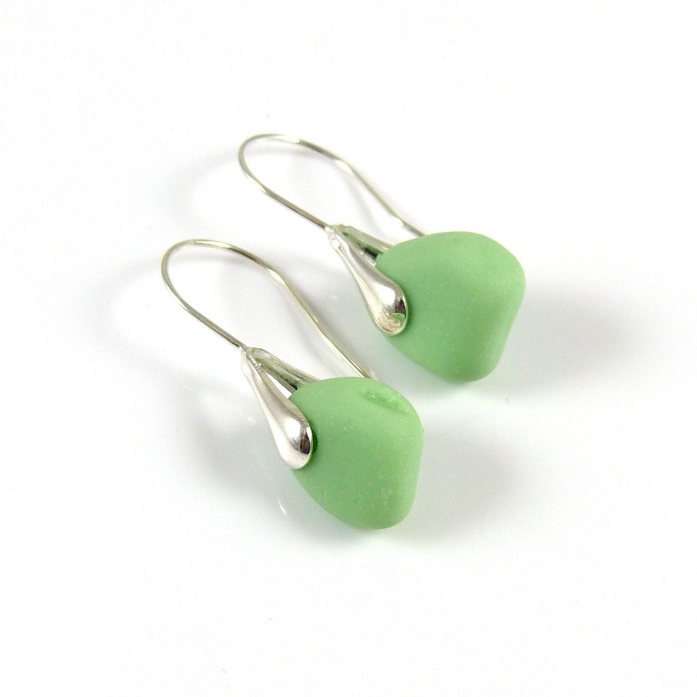 Pastel Green Milk Sea Glass and Sterling Silver Earrings e144