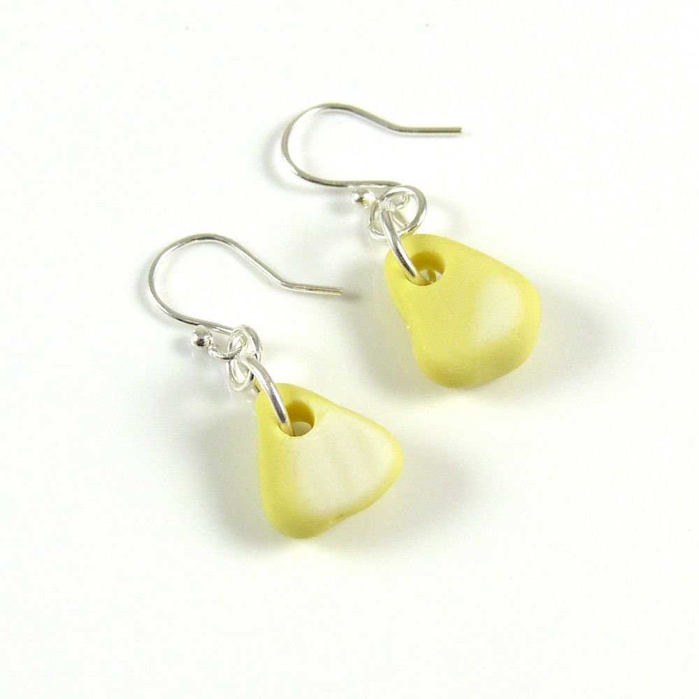 Pastel Yellow Milk Sea Glass and Sterling Silver Earrings e146