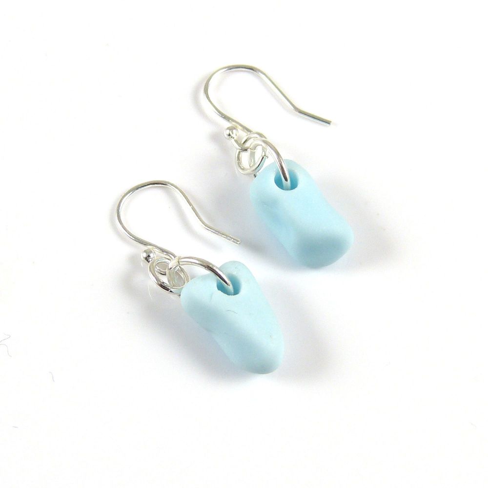 Pastel Blue Milk Sea Glass and Sterling Silver Earrings e145