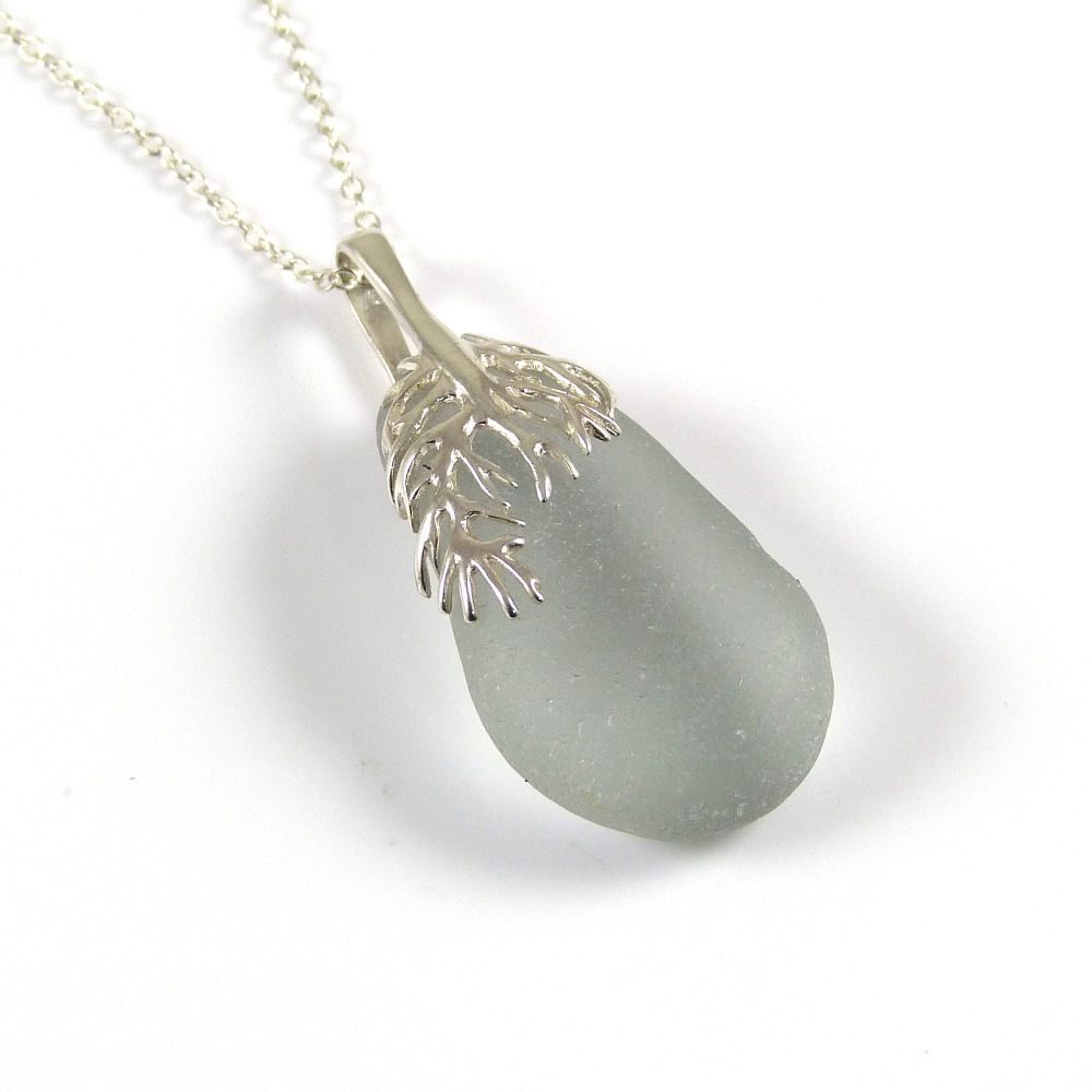 Romantic Soft Grey Sea Glass and Silver Coral Pendant Necklace - MAURA
