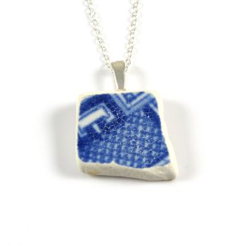 Blue and White English Beach Pottery Pendant Necklace PENNY
