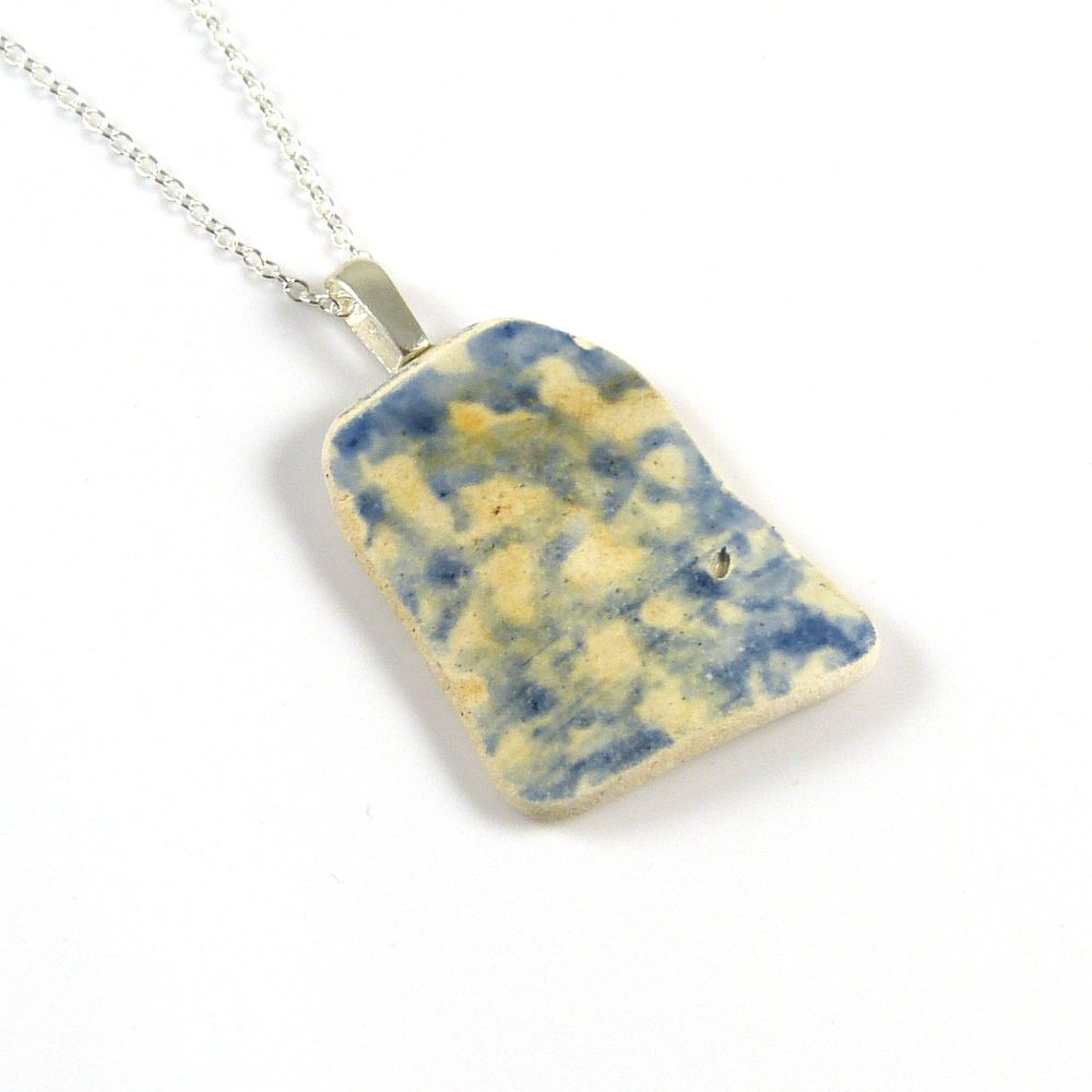 Blue and White English Beach Pottery Pendant Necklace PHOEBE