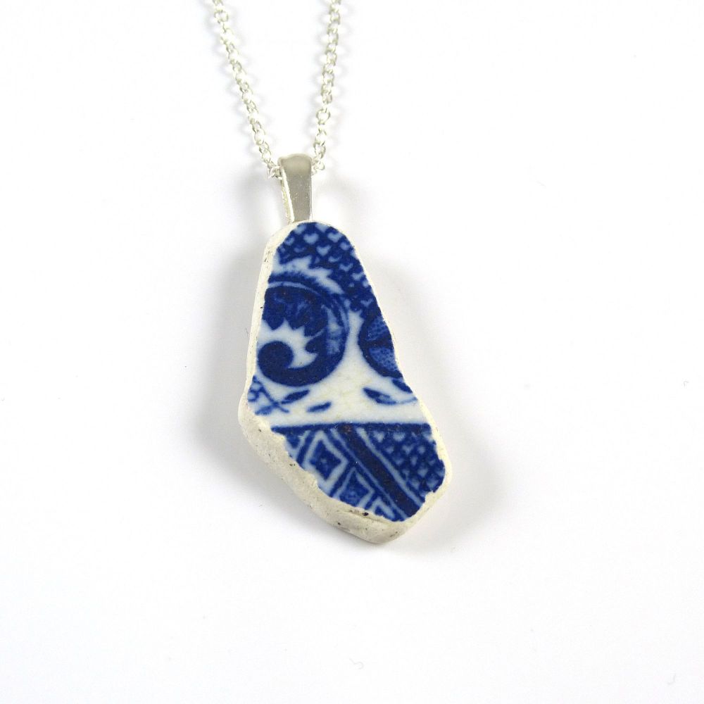 Blue and White English Beach Pottery Pendant Necklace WILLOW