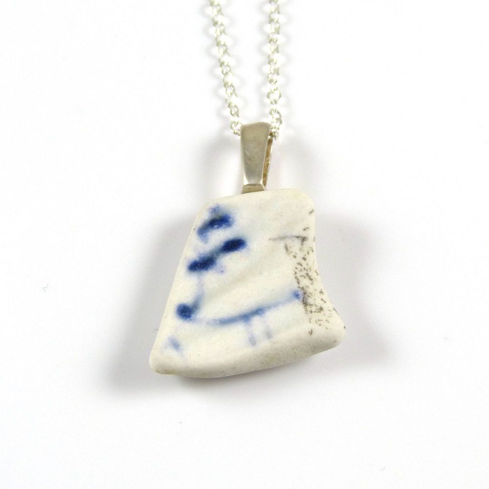Blue and White English Beach Pottery Pendant Necklace PEARL