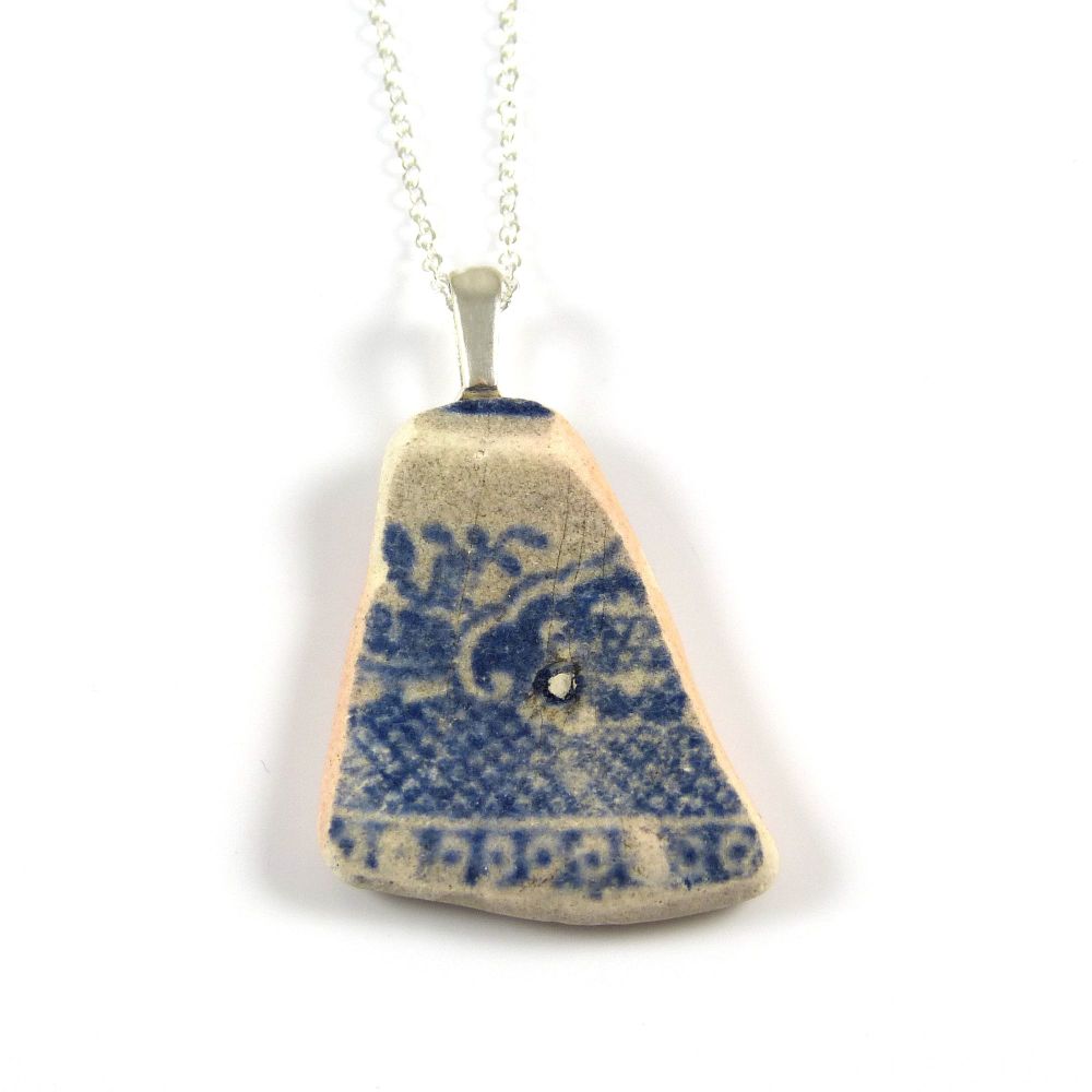 Blue and White English Beach Pottery Pendant Necklace POLINA