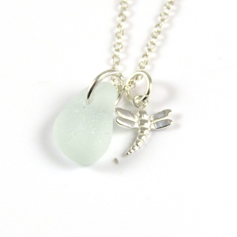 Seafoam Sea Glass and Sterling Silver Dragonfly Necklace ch321