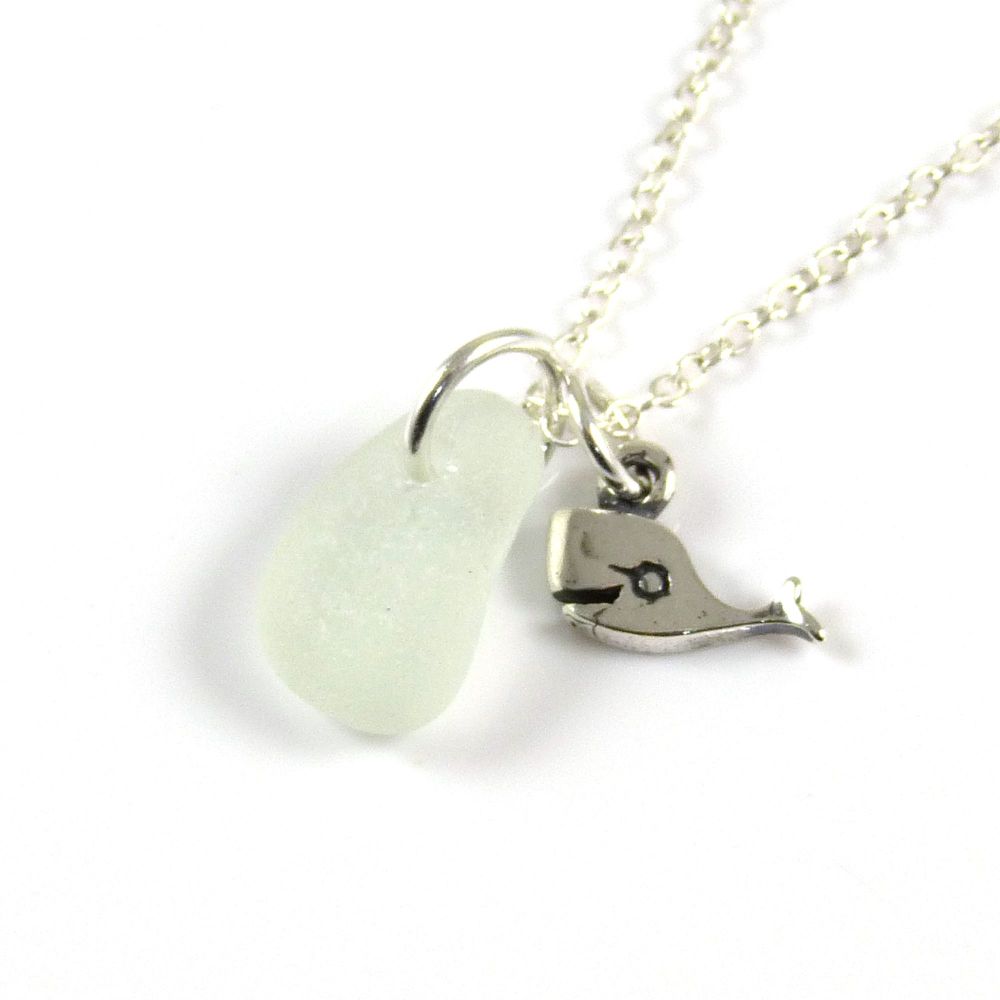 Tiny Seafoam Blue Sea Glass and Sterling Silver Whale Charm Necklace ch323
