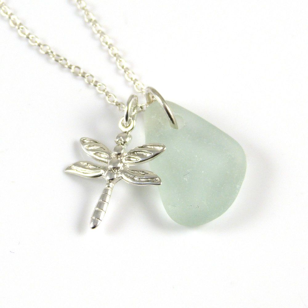 Seafoam Sea Glass and Sterling Silver Dragonfly Necklace