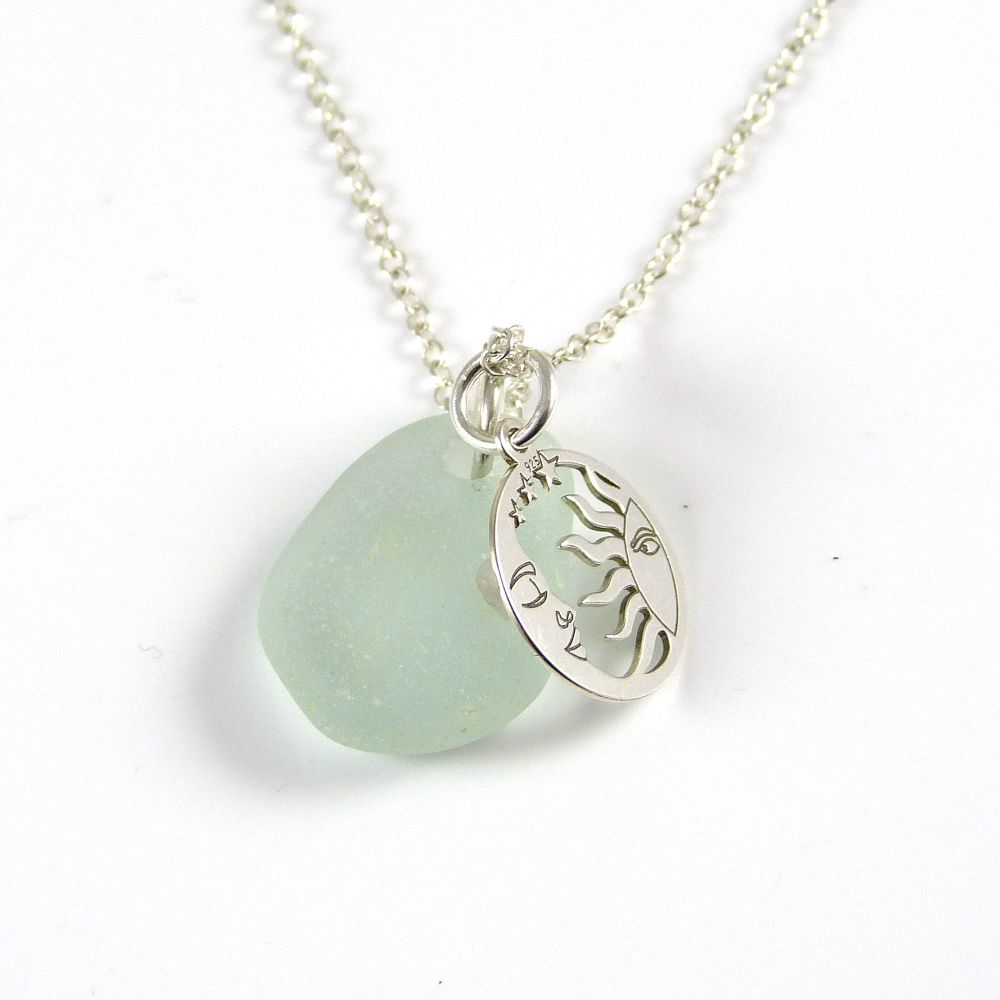 Seafoam Sea Glass and Sterling Silver Sun and Moon Necklace