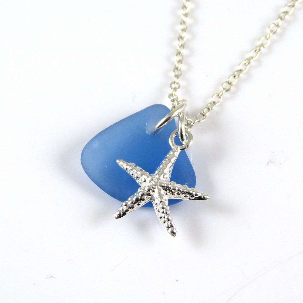 Sapphire Blue Sea Glass and Sterling Silver Starfish Necklace ch321