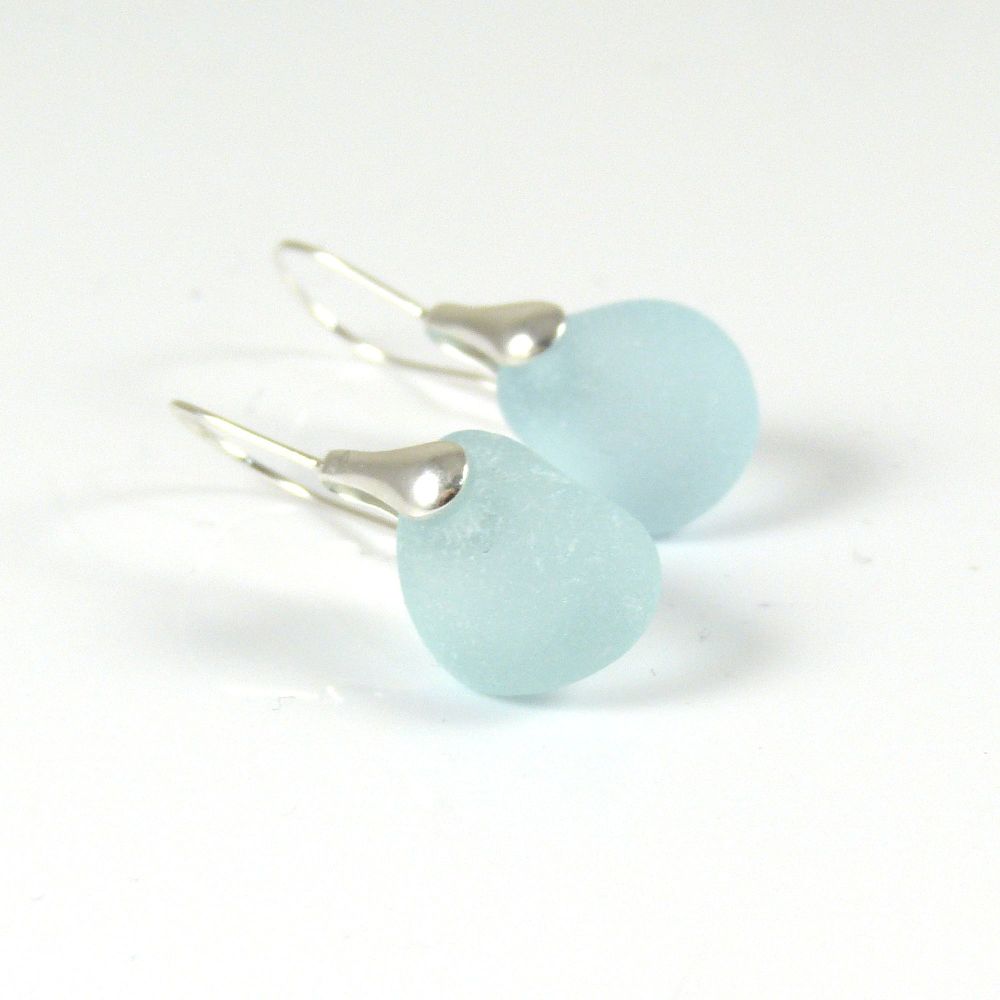 Pale Blue Sea Glass and Sterling Silver Earrings e155