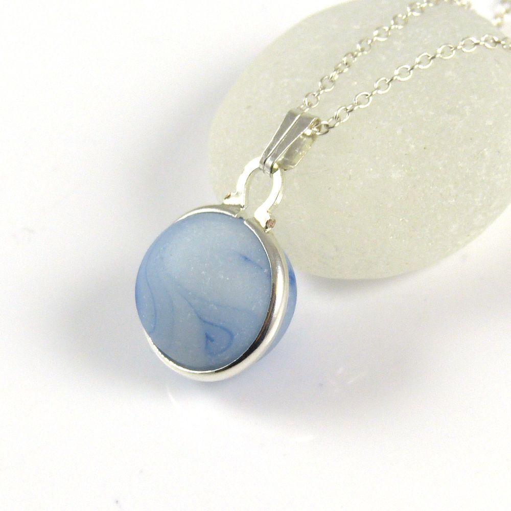 Cyan and Cobalt Blue Sea Glass Marble Locket Necklace L134
