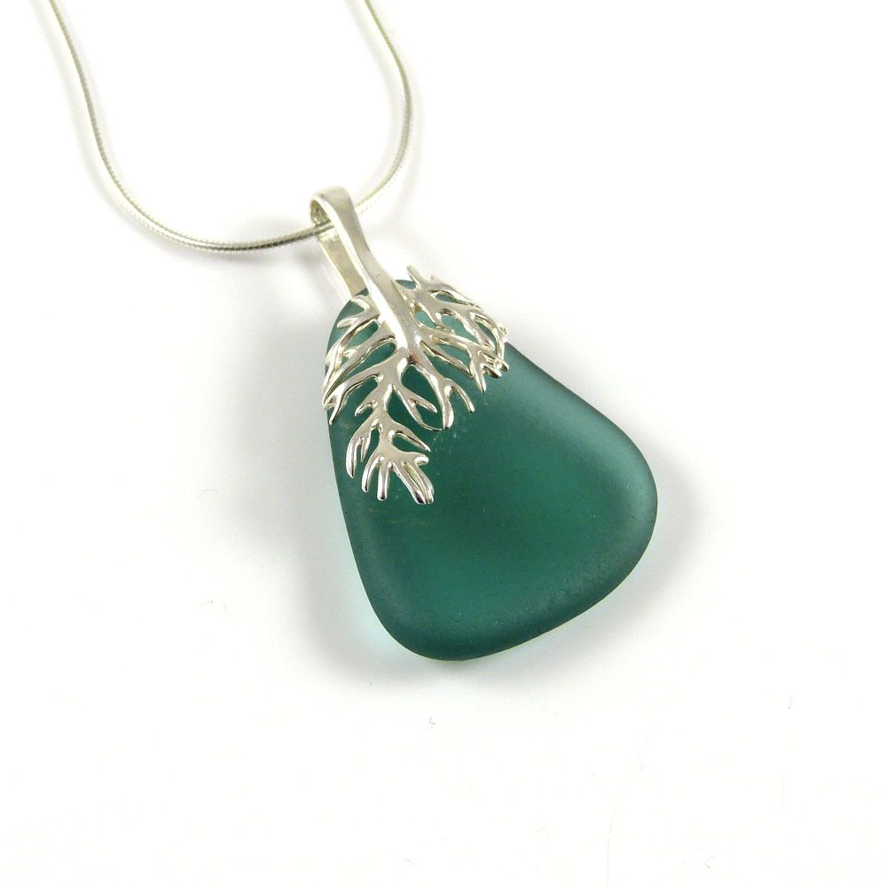 Teal Green Sea Glass Pendant Necklace, Rare Sea Glass, Beach Glass, Beach J