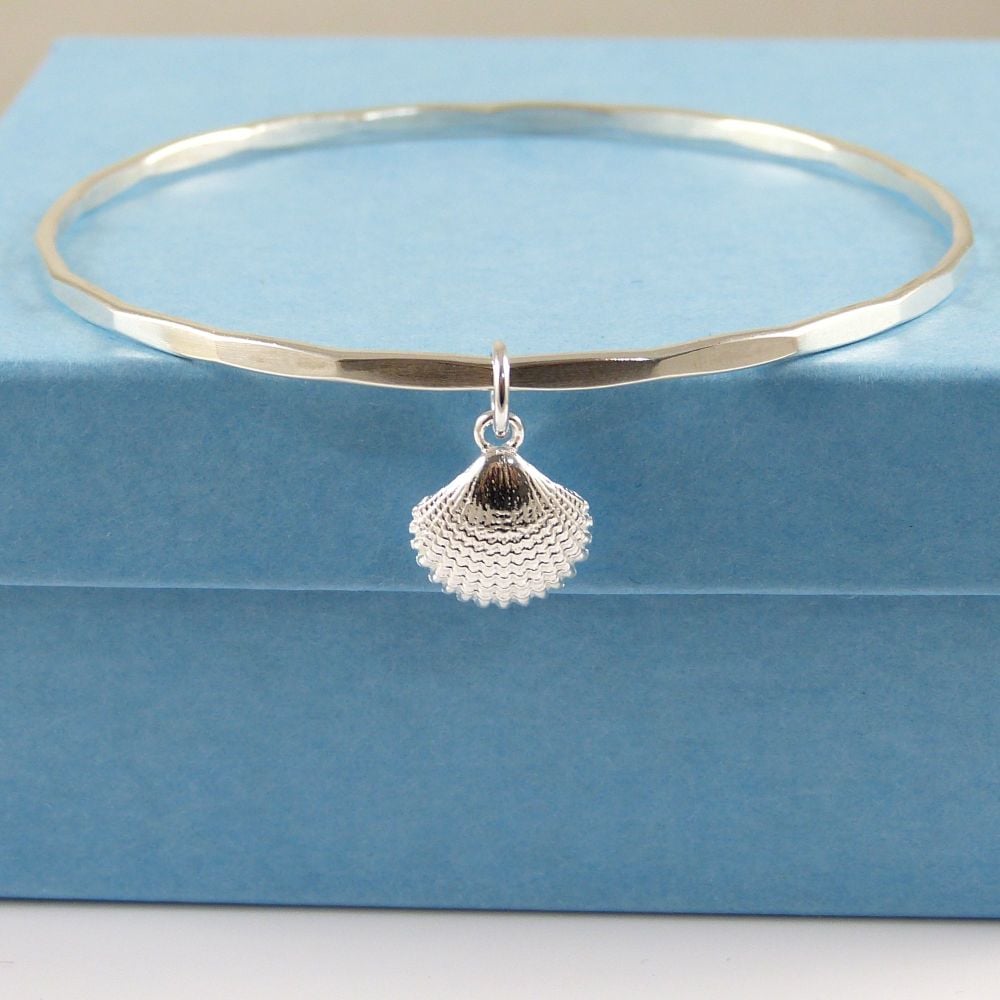 Sterling Silver Hammered Bangle with Tiny Shell Charm 