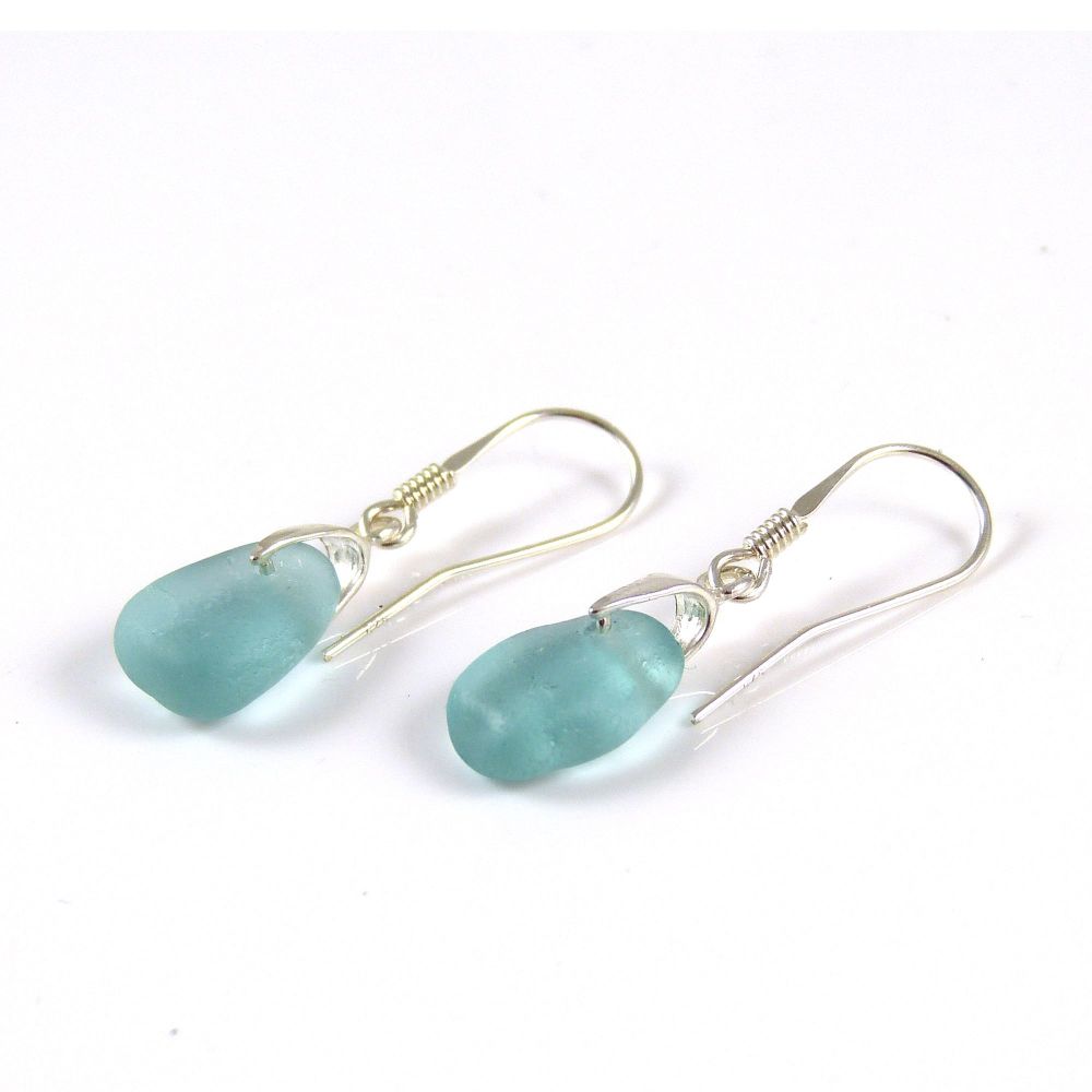 Aquamarine Blue Sea Glass and Sterling Silver Earrings e157
