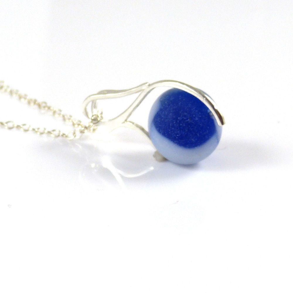 Cobalt Blue and White Swirl Sea Glass Marble Necklace M138