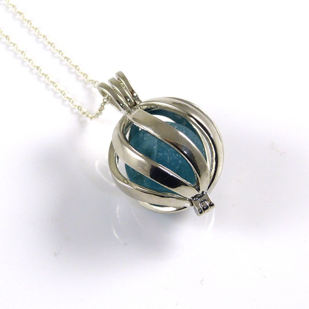 Turquoise Blue Sea Glass Marble in Swirl Locket L144