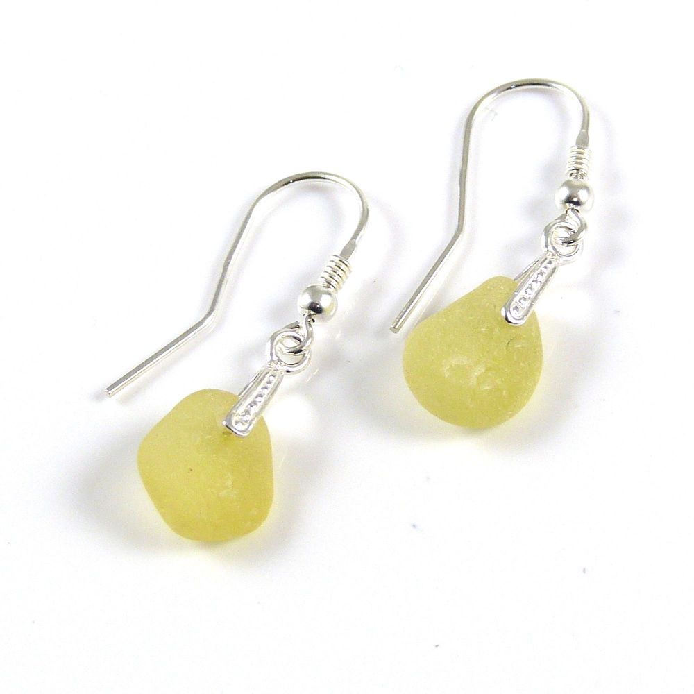 Lemon Yellow Sea Glass and Sterling Silver Earrings e161