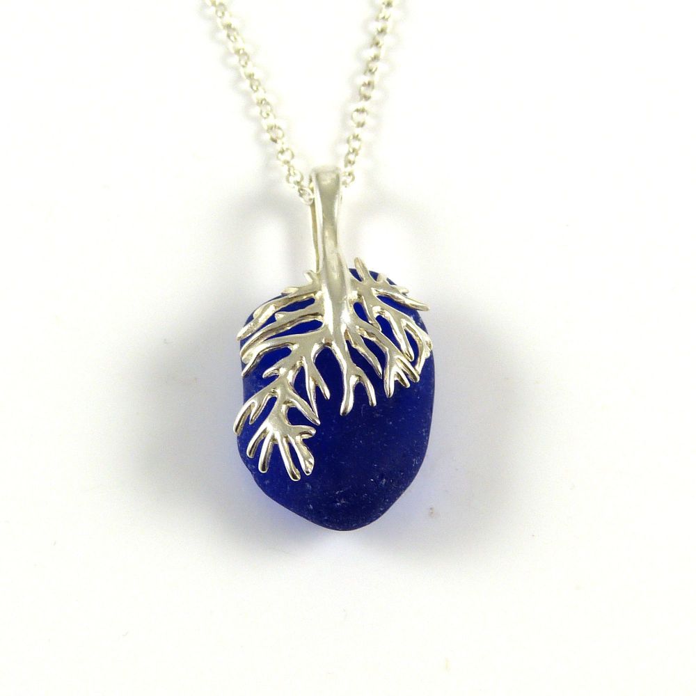 Cobalt Blue Sea Glass and Silver Coral Necklace NATHALIE