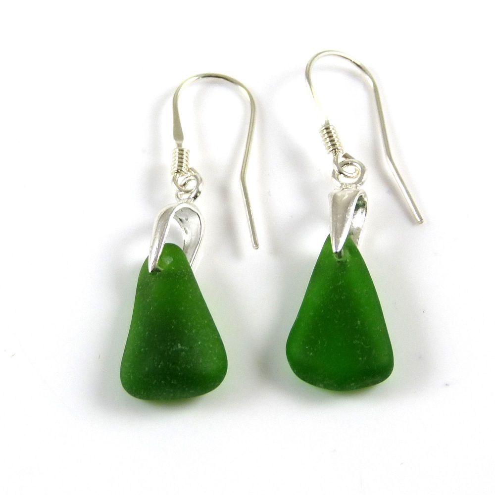 Deep Green Sea Glass Drop Earrings e164
