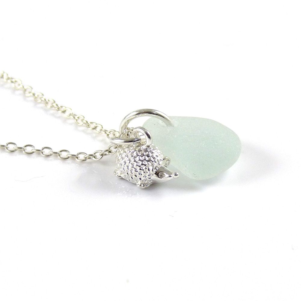 Pale Blue Sea Glass and Sterling Silver Hedgehog Necklace L153