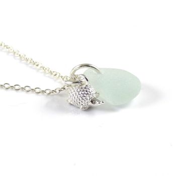 Pale Blue Sea Glass and Sterling Silver Hedgehog Necklace
