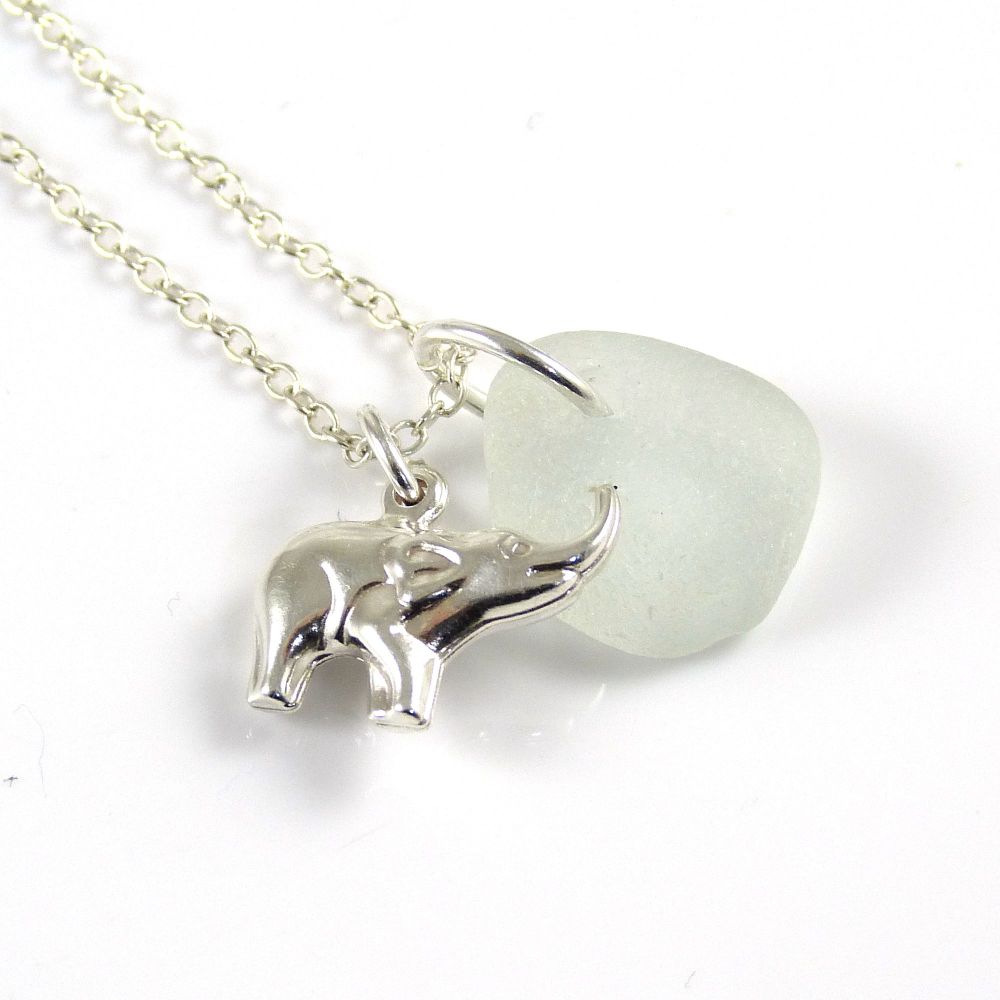 Pale Blue Sea Glass and Sterling Silver Elephant Necklace L152