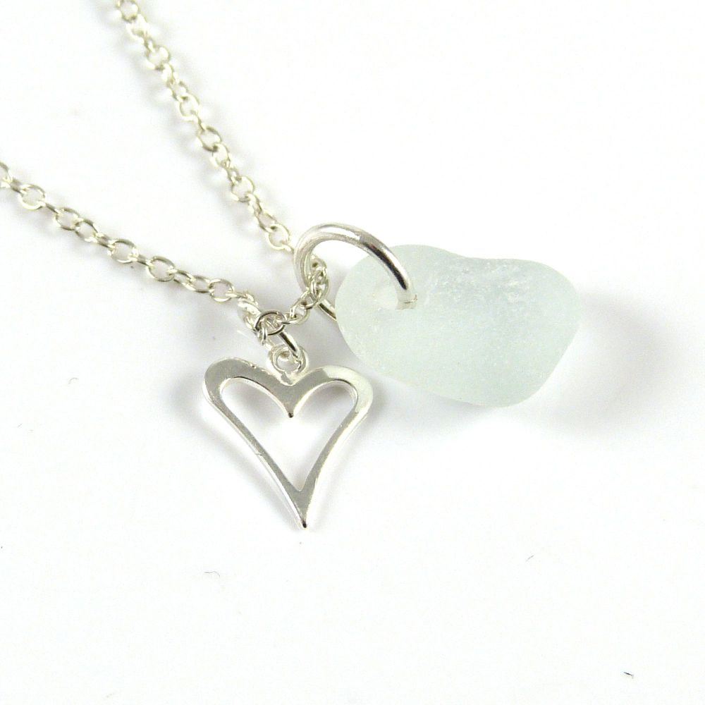 Pale Blue Sea Glass and Sterling Silver Heart Necklace L151
