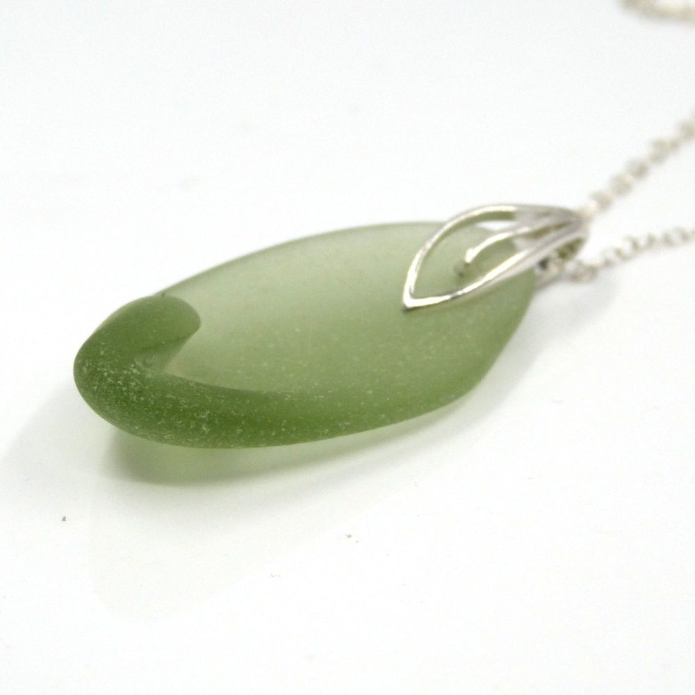 Sage Green Sea Glass and Sterling Silver Necklace MAYA