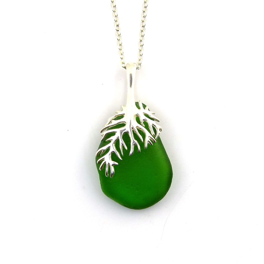 Emerald Green Sea Glass And Silver Tendril Pendant Necklace - LILY