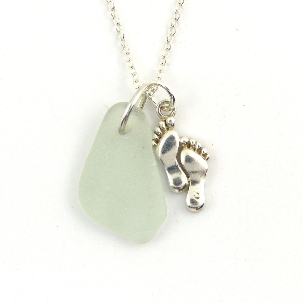 Seafoam Blue Sea Glass Sterling Silver Footprints Necklace