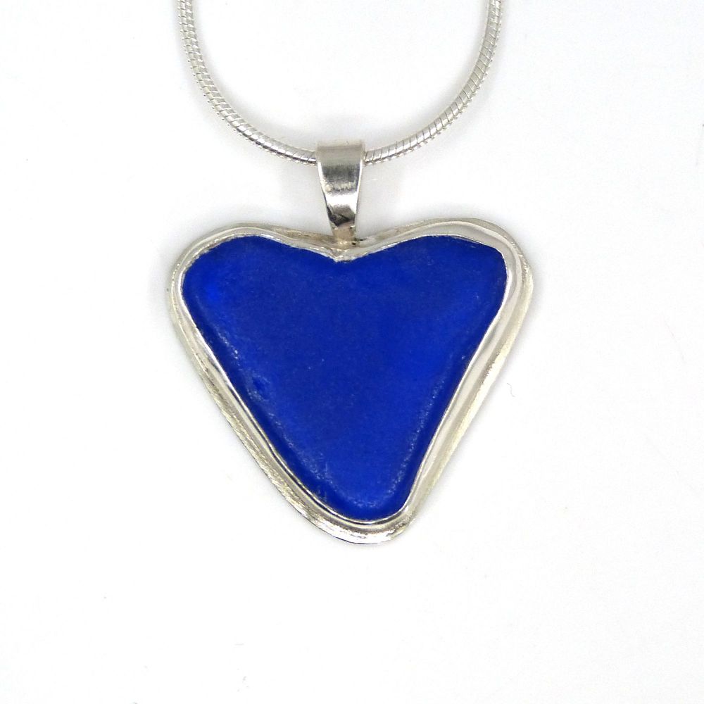 Cobalt Blue Sea Glass Heart Pendant Necklace BROOKE