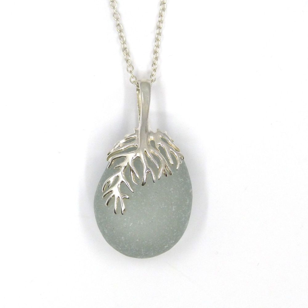 Romantic Soft Grey Sea Glass and Silver Coral Pendant Necklace - MAURA
