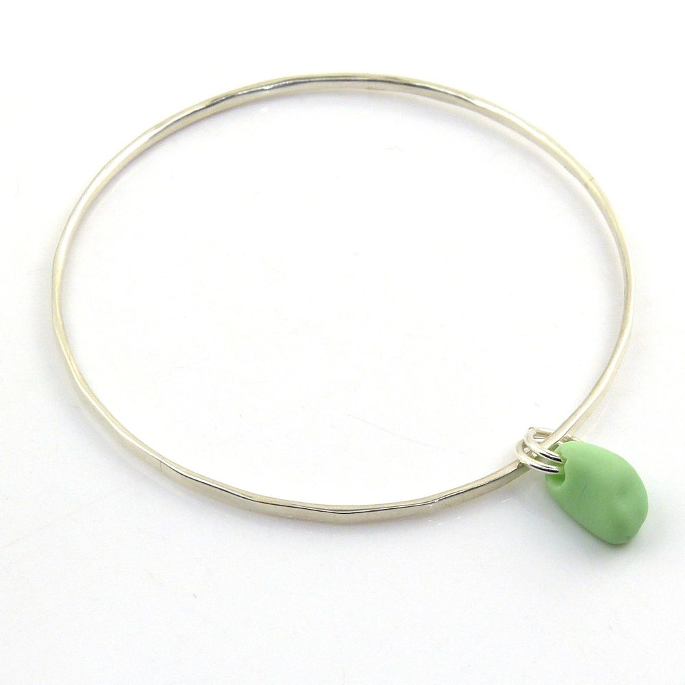 Sterling Silver Hammered Bangle with a Pastel Green Milk Sea Glass Charm 