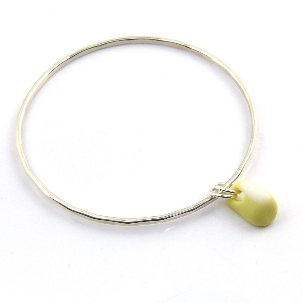 Sterling Silver Hammered Bangle with a Pastel Yellow Milk Sea Glass Charm 