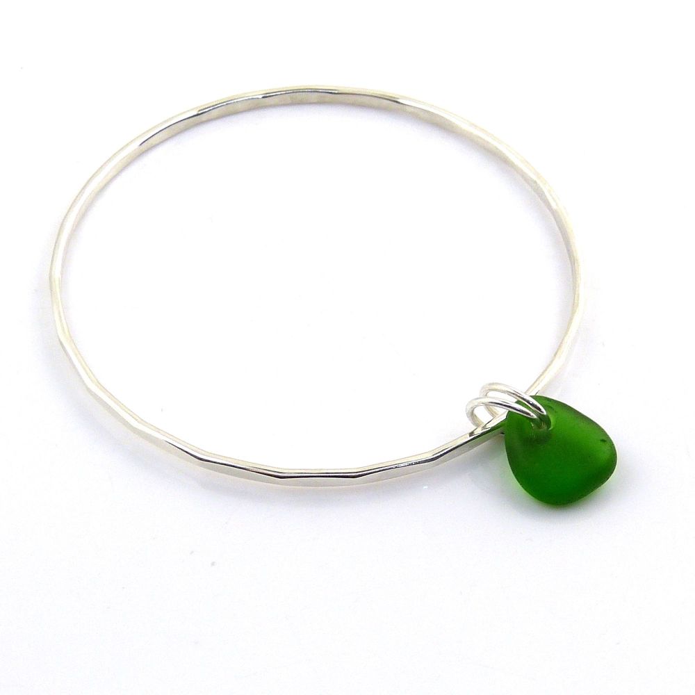 Sterling Silver Hammered Bangle and Emerald Green Sea Glass Charm 