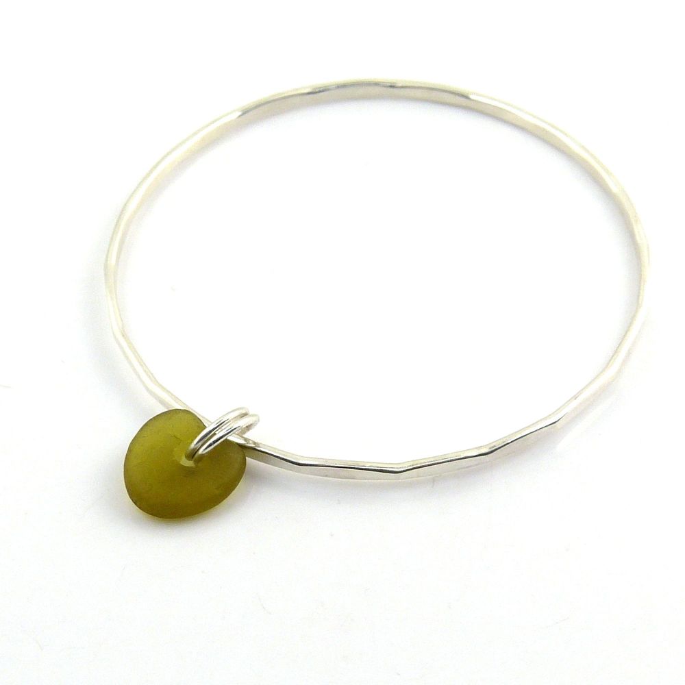 Sterling Silver Hammered Bangle and Peridot  Sea Glass Charm 