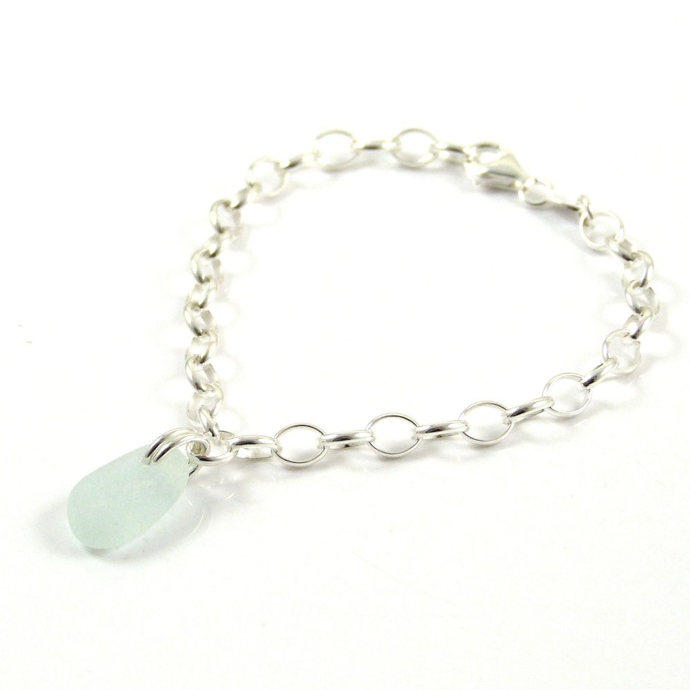 Pale Blue Sea Glass and Sterling Silver Chain Bracelet 4mm links 