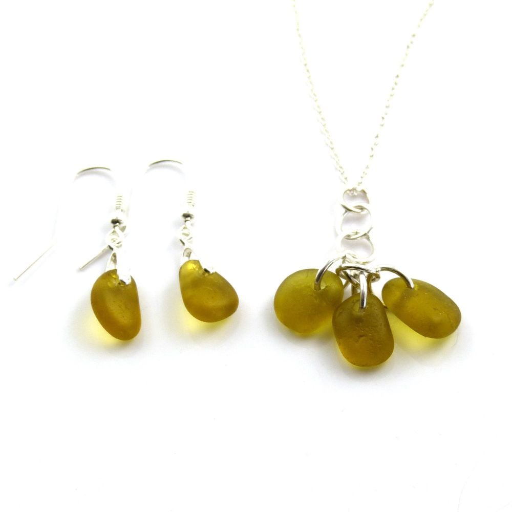Shades of Amber Sea Glass Necklace and Earrings Set