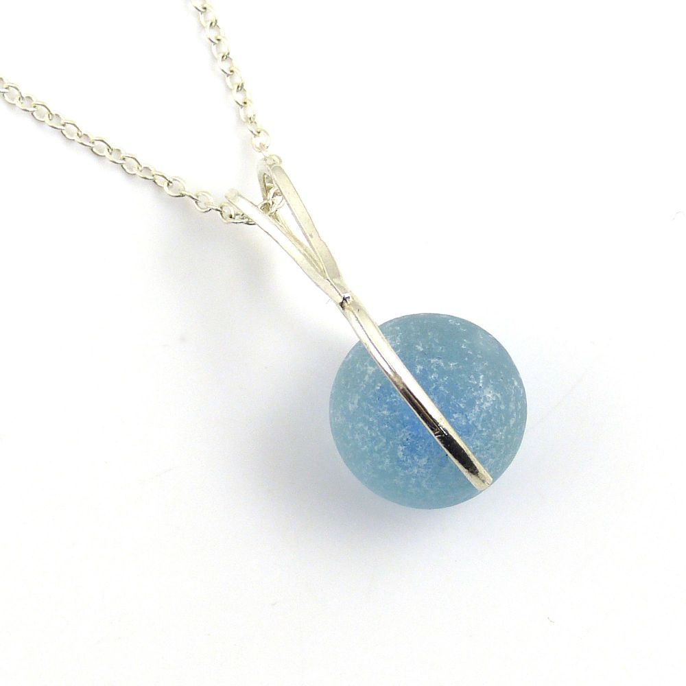 Powder Blue Sea Glass Marble Spinner Necklace