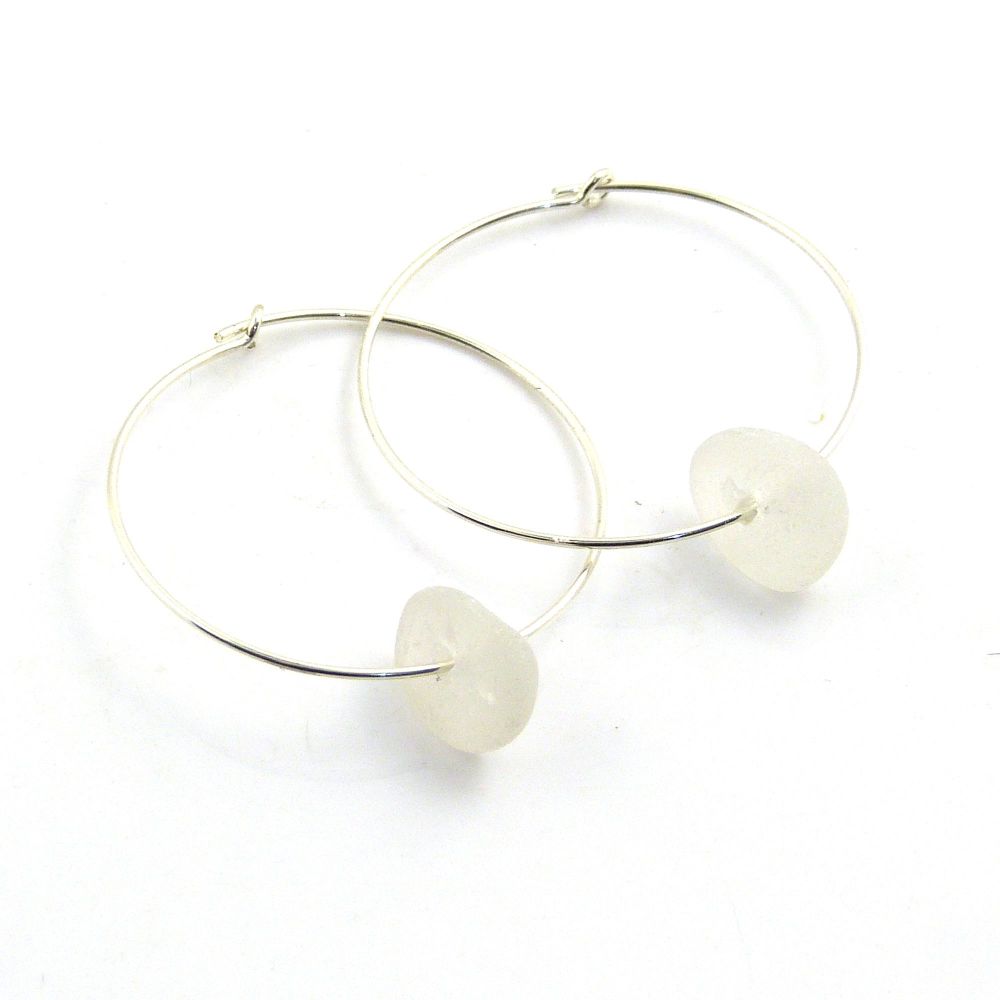 White Sea Glass Sterling Silver Earrings 30mm