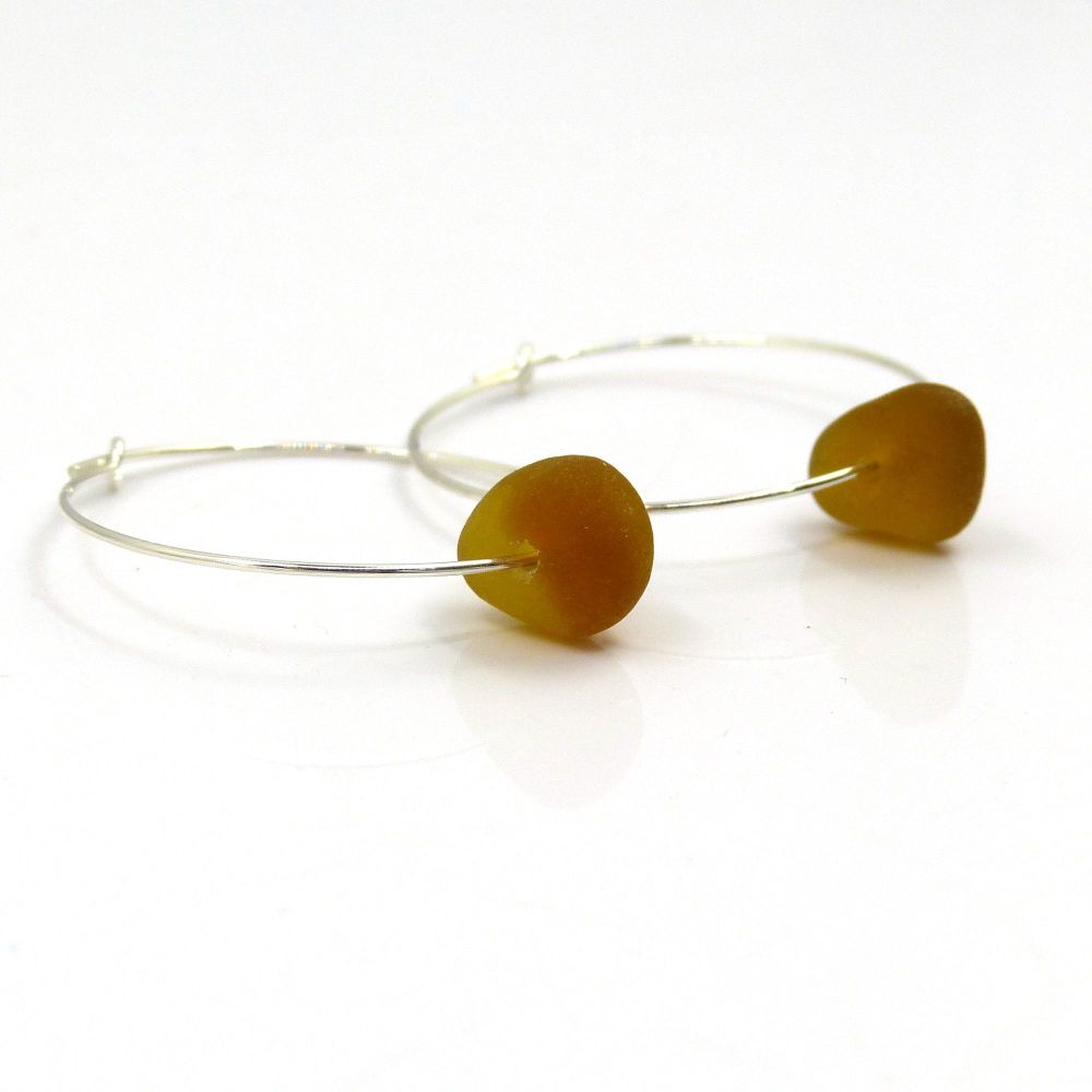 Amber Sea Glass and Sterling Silver Hoop Earrings 