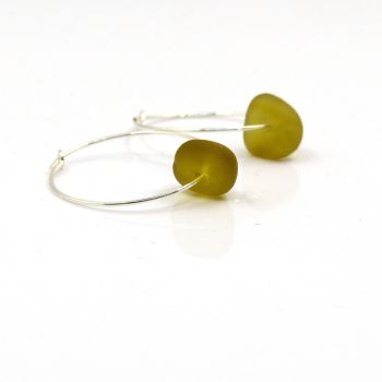Seaham Deep Citron Sea Glass and Sterling Silver Hoop Earrings 