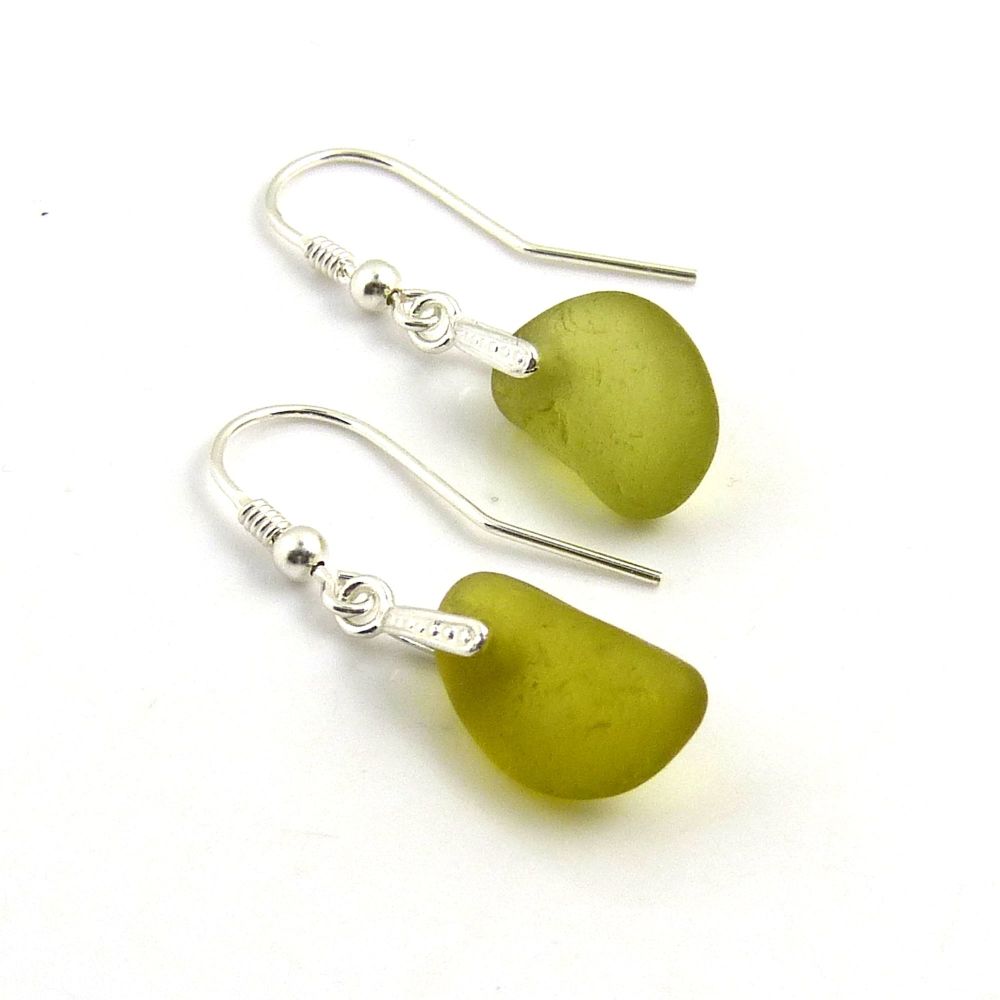Yellow Green Seaham Sea Glass Drop Earrings 