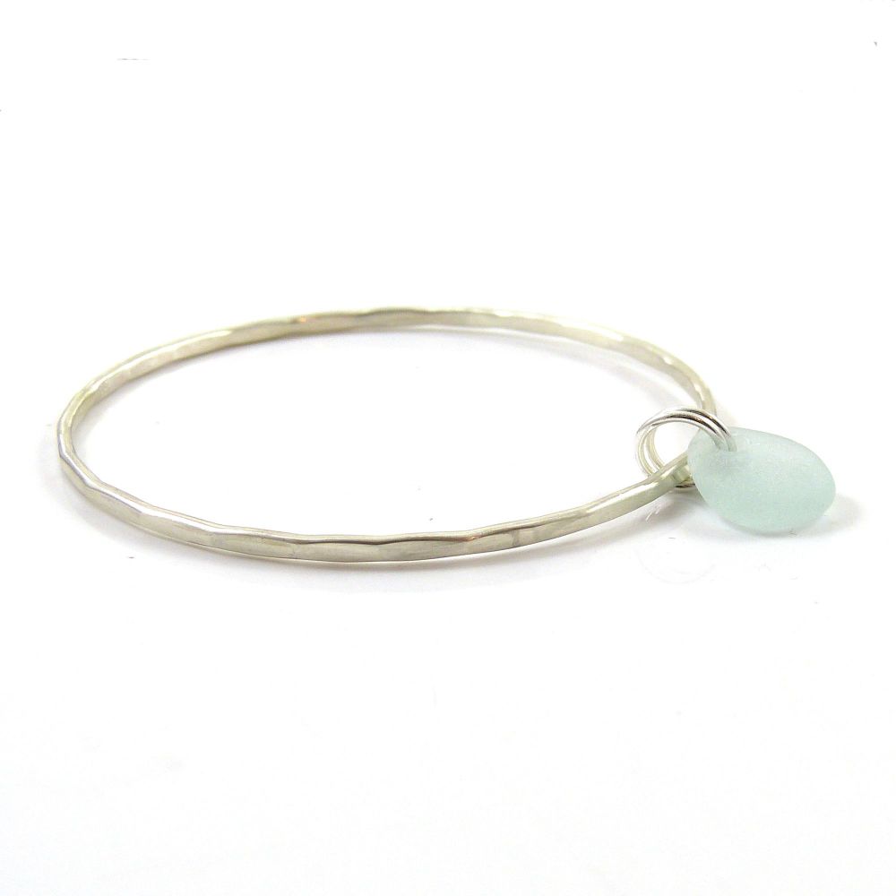 Sterling Silver Hammered Bangle and Seaspray Sea Glass Charm 