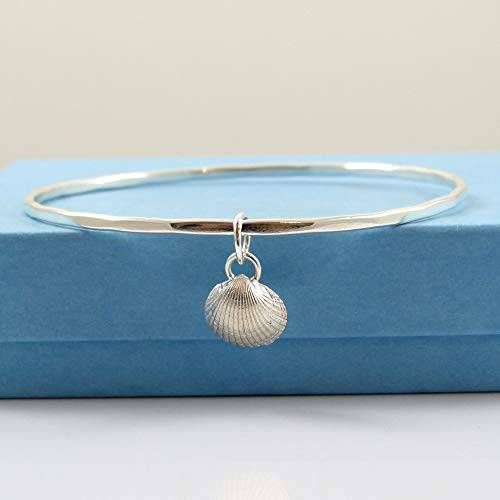 Sterling Silver Hammered Bangle with Tiny Cockle Shell Charm 