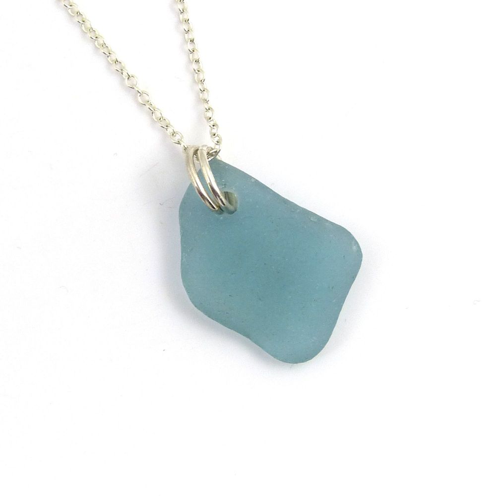 Ocean Blue Sea Glass Sterling Silver Necklace