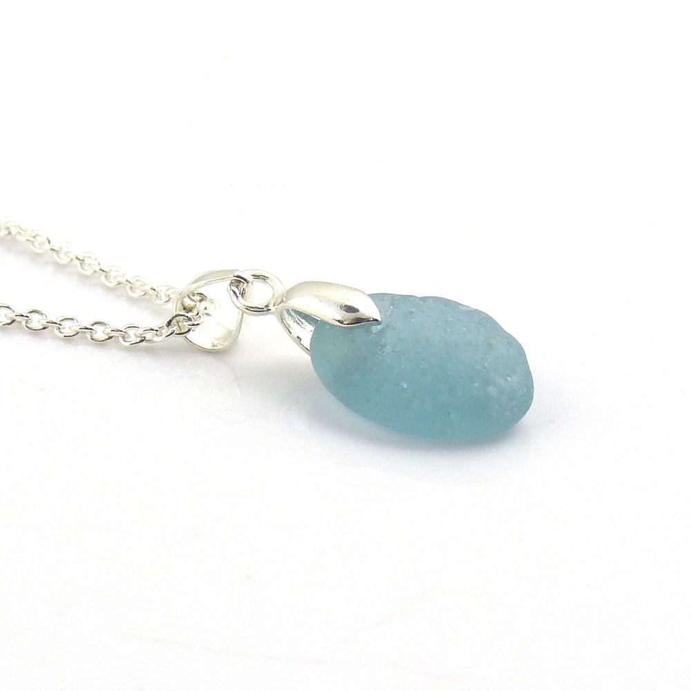 Seaham Steel Blue Sea Glass and Silver Necklace 